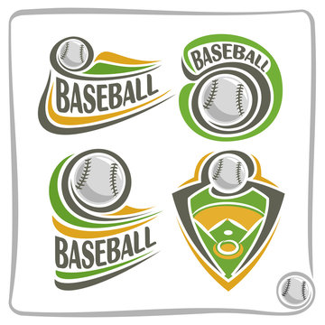 Vector abstract logo Baseball Ball, decoration sign sports club, simple line contour stitched ball flying above green field, isolated sporting equipment icon, flat design baseball game school blazon.