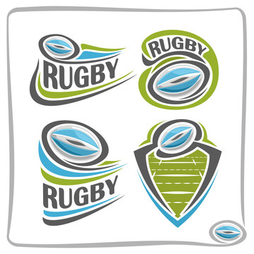 Vector abstract logo Rugby Ball, decoration sign sports club, simple line oval blue ball flying above summer green field in goal gate, isolated sporting icon on white, flat design rugby school blazon.
