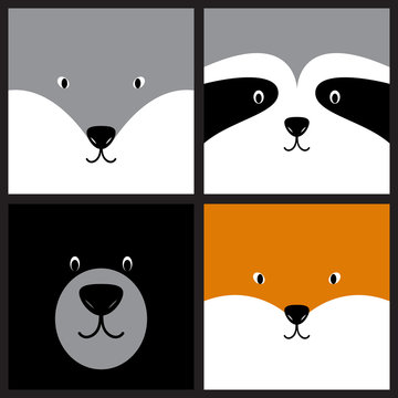 Vector cute cartoon wolf, raccoon, bear and fox