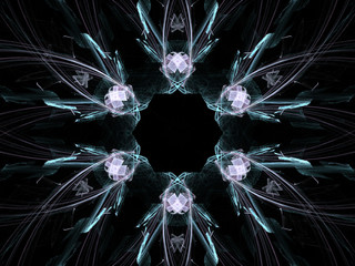 Digital abstract fractal flower pattern with crystals on black background