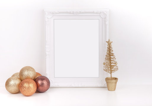 Christmas mockup styled white ornate frame, gold glitter baubles, gold christmas tree add quote promotion headline or design lifestyle bloggers & social media campaigns