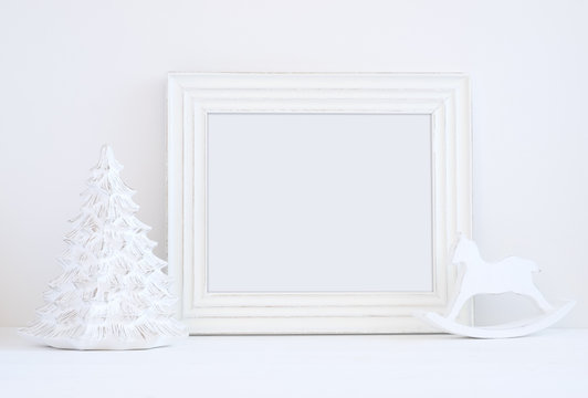 Christmas styled mockup frame christmas tree & rocking horse overlay your business message promotion headline or design great for lifestyle bloggers & social media campaigns