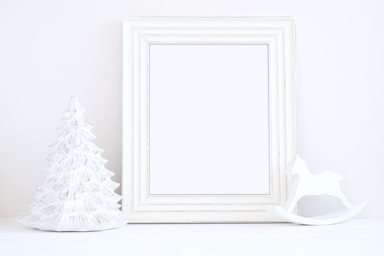 Christmas styled mockup frame christmas tree & rocking horse overlay your business message promotion headline or design great for lifestyle bloggers & social media campaigns