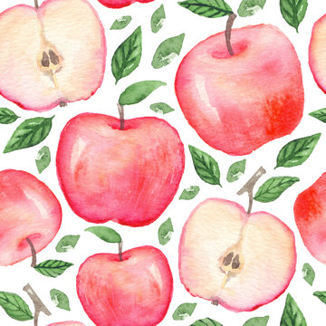 Seamless pattern with hand drawn watercolor apples on white background