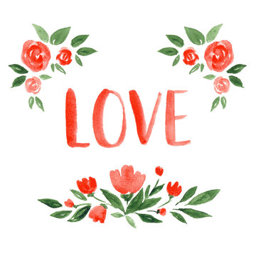 Watercolor flowers and leaves with the text "love"