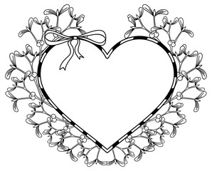 Heart-shaped frame and mistletoe. Copy space. Outline vector image.