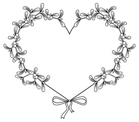 Heart-shaped frame and mistletoe. Copy space. Outline vector image.