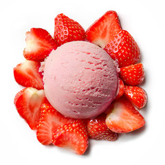 Ice cream ball with strawberry pieces