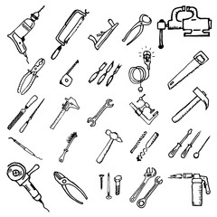 Hand tools for repair. Do it yourself. The background drawn manually.