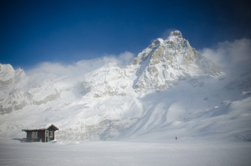 Stunning view of the snow-covered mountain Matterhorn from Italy side