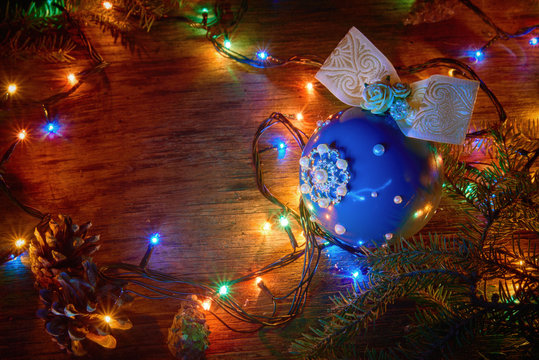Blue Christmas ball, christmas background. Free space for text. Studio photography. Object shooting.