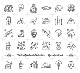 Trendy winter sport line icons set. Winter recreation and fun, ski, snowboard, snowboarding, ice skating, clothes, winter landscape outline symbols. Minimal design, Vector illustration