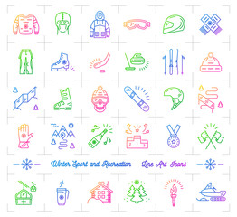 Naklejka na ściany i meble Winter sport gradient outline icons. Winter recreation and fun, ski, snowboard, snowboarding, ice skating, clothes, winter landscape outline symbols. Minimal design, Vector web icons