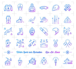Winter sport gradient outline icons. Winter recreation and fun, ski, snowboard, snowboarding, ice skating, clothes, winter landscape outline symbols. Vector infographics web icons