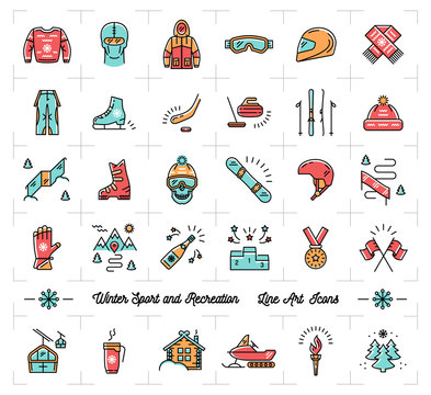 Colorful winter sport line icons set. Winter recreation and fun, ski, snowboard, snowboarding, ice skating, clothes, winter landscape outline symbols. Trendy vector illustration