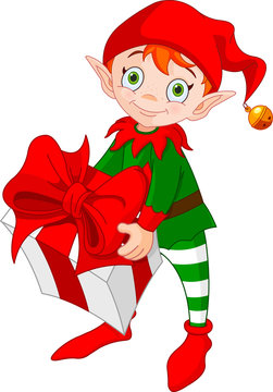 Christmas Elf with Gift/ Illustration of red haired Christmas elf standing and carrying a gift