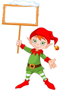 Christmas Elf with Sign/ Illustration of a cute Christmas elf holding up a snowy sign