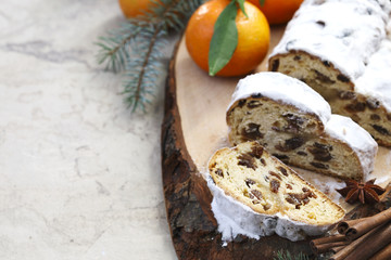 Christmas stollen. Traditional German festive baking. Selective