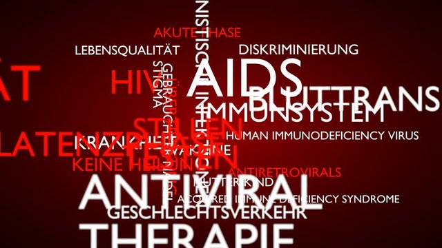 AIDS, HIV word tag cloud - red, German variant, 3D rendering, UHD