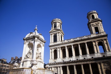 Fountain and Saint sulpice church in Paris, France