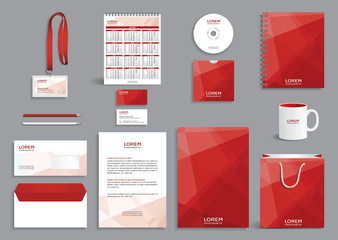 Business stationery set template, corporate identity design mock-up with abstract modern red pattern