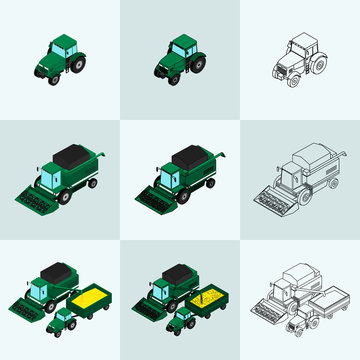 Vector illustration. Set of agricultural icons in different styles. Farm equipment. The tractor-trailer, tractor sprays insecticide and with a plow. The harvester harvests. Isometric, 3D