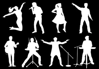 Set of white silhouettes of musicians, singers and dancers on black background. Vector illustration