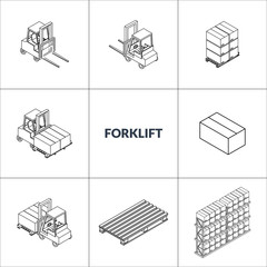 Vector illustration. Set of icons isometric forklift and pallets with boxes. contour, outline. 3d.