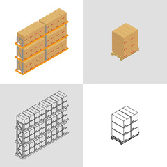 Vector illustration. Set isometric icons pallets with cardboard boxes. Colorful and outline. 3d.