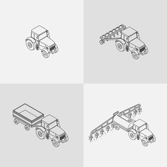 Naklejka premium vector illustration. set of agricultural contour outline icons. Farm tractor with plow, trailer, sprayed with insecticides. 3D, isometric