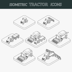 Obraz premium vector illustration. Set of outline agricultural icons. Farm tractor with a plow and a trailer. Tractor sprinkles planting insecticides. The harvester harvests. Isometric, 3D