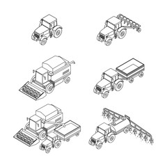 vector illustration. Set of outline agricultural icons. Farm tractor with a plow and a trailer. Tractor sprinkles planting insecticides. The harvester harvests. Isometric, 3D