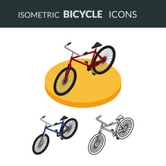 Vector illustration. Set of isometric icons of the bicycle. Colorful, contour and ourline. 3D