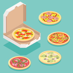 Isometric illustration of different pizza types for order and delivery service.