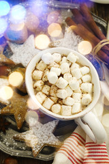 Hot chocolate with marshmallows and cinnamon,  top view.