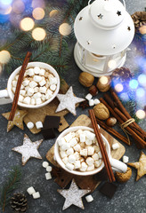 Hot chocolate with marshmallows and cinnamon.