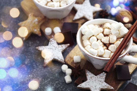 Hot chocolate with marshmallows and cinnamon.