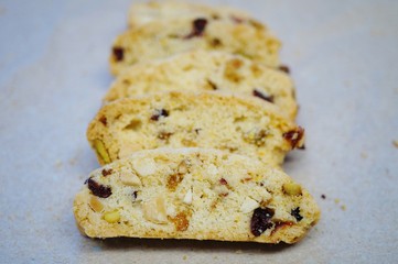 Biscotti cookies with dried cranberries, pistachio and almonds