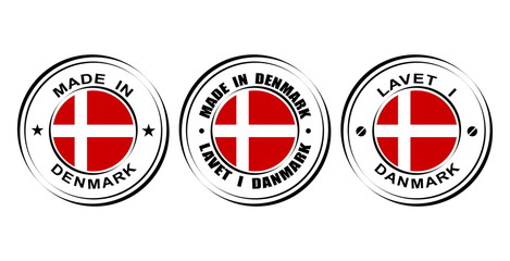 Round label "Made in Denmark" with flag