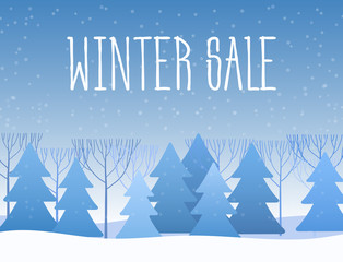 Winter sale words on the beautiful Chrismas flat Winter holidays landscape background with trees, snowflakes, falling snow.