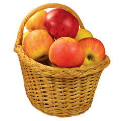 Fresh ripe apple fruits wicker basket, large detailed isolated closeup, red-ripe juicy fruit detail, studio shot, healthy eating lifestyle concept metaphor