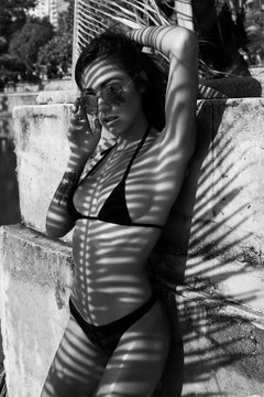 Sexy woman wearing black bikini swimsuit and sunglasses standing on the sandy beach with artistic palm tree leaf shadow pattern on body and face - black and white photo