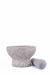 granite stone mortar and pestle are Thai cooking tool on white background food isolated 
