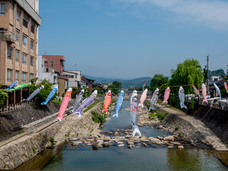 Koinobori (carp stremer) over river in Takayama, Japan