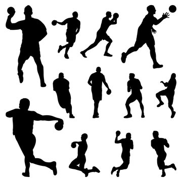 Men Handball Player Running Jumping Silhouette Set