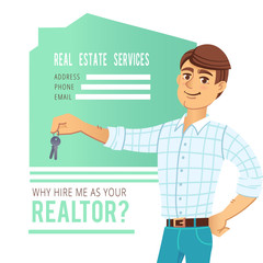 The concept of real estate services. Agent showing a house. Character male with the keys in his hands. For the design business cards, banners and advertising.