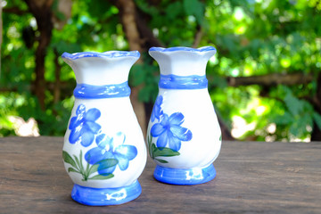 blue vase on nature background.