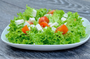 salad with cheese and tomato in white dish on table