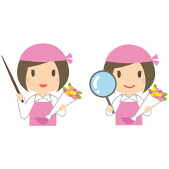 かわいいお花屋さん　女性　上半身　解説と拡大