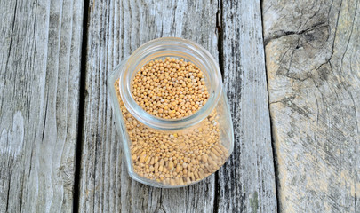 mustard seed in jar on table